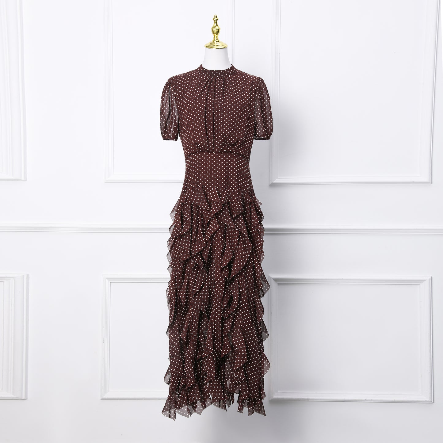 Dark Brown Polka Dot Ruffle Chiffon Maxi Dress