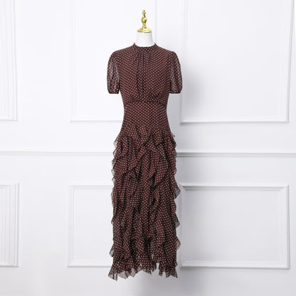 Dark Brown Polka Dot Ruffle Chiffon Maxi Dress