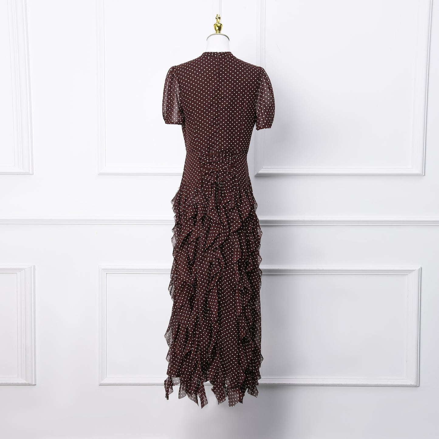 Dark Brown Polka Dot Ruffle Chiffon Maxi Dress