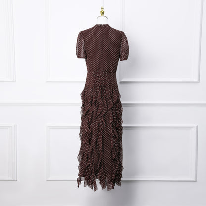Dark Brown Polka Dot Ruffle Chiffon Maxi Dress