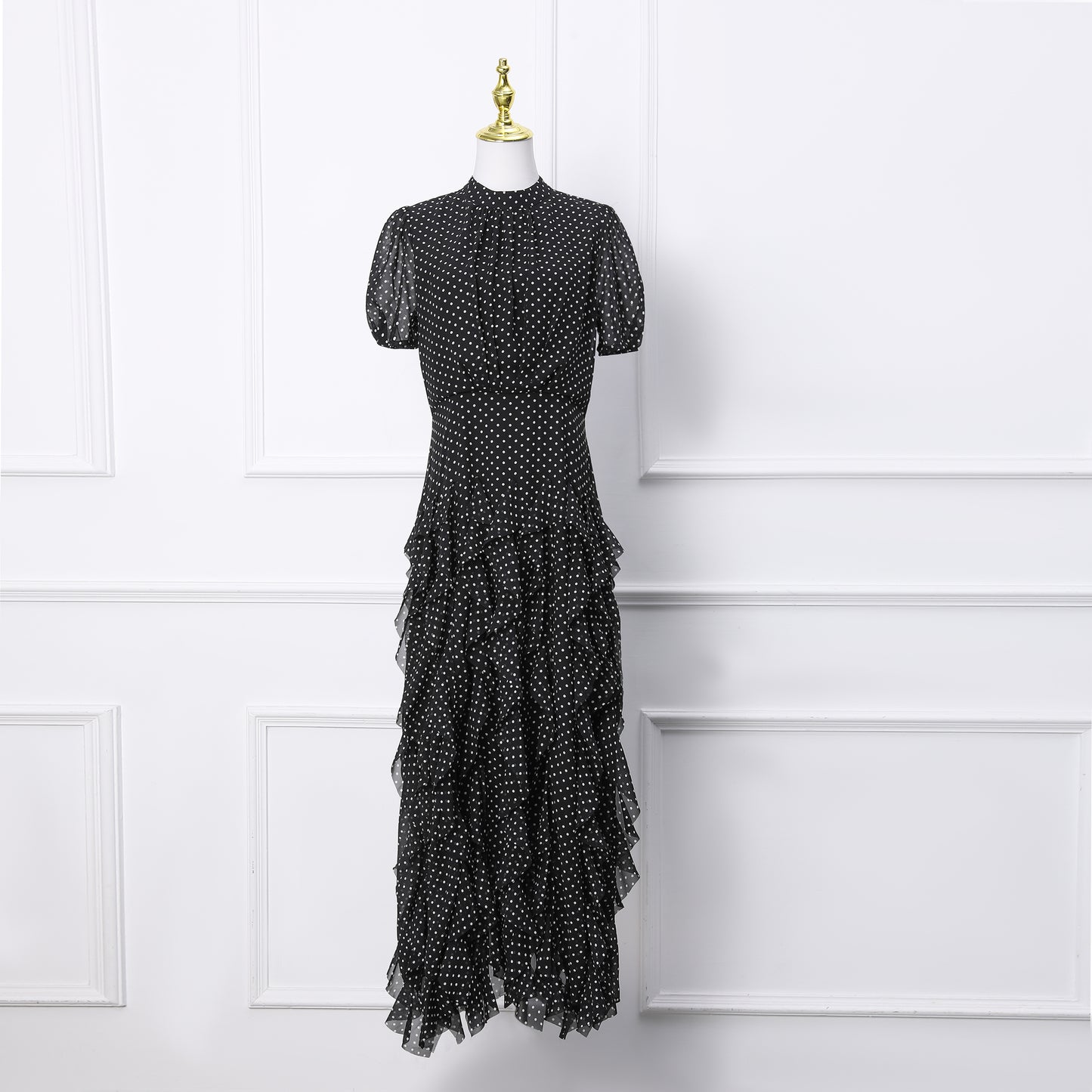 Black Polka Dot Ruffle Chiffon Maxi Dress