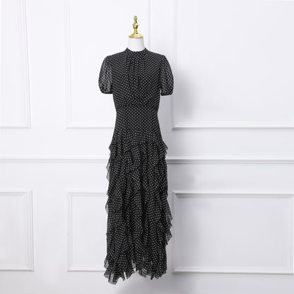 Black Polka Dot Ruffle Chiffon Maxi Dress