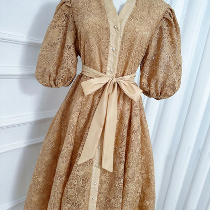 Women's Lace Embroidery Puff Sleeve Midi Dress