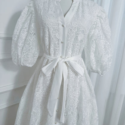 Women's Lace Embroidery Puff Sleeve Midi Dress