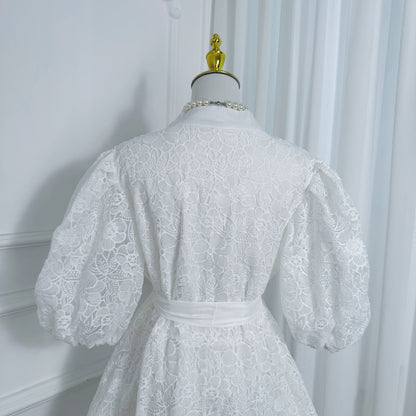 Women's Lace Embroidery Puff Sleeve Midi Dress