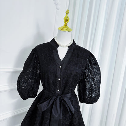 Women's Lace Embroidery Puff Sleeve Midi Dress
