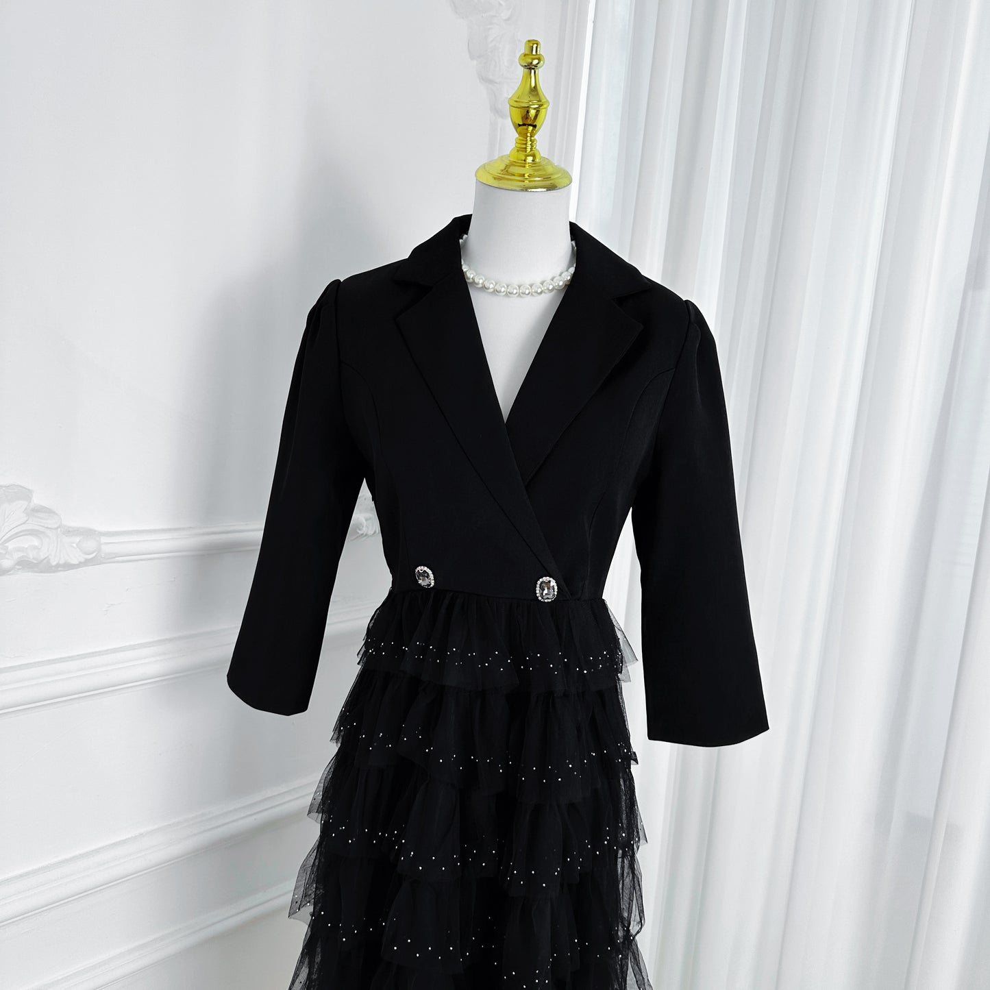 Women's Blazer Dresses Tulle Ruffle Mesh Midi Dress