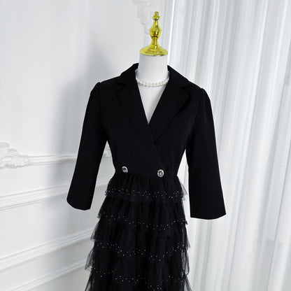 Women's Blazer Dresses Tulle Ruffle Mesh Midi Dress