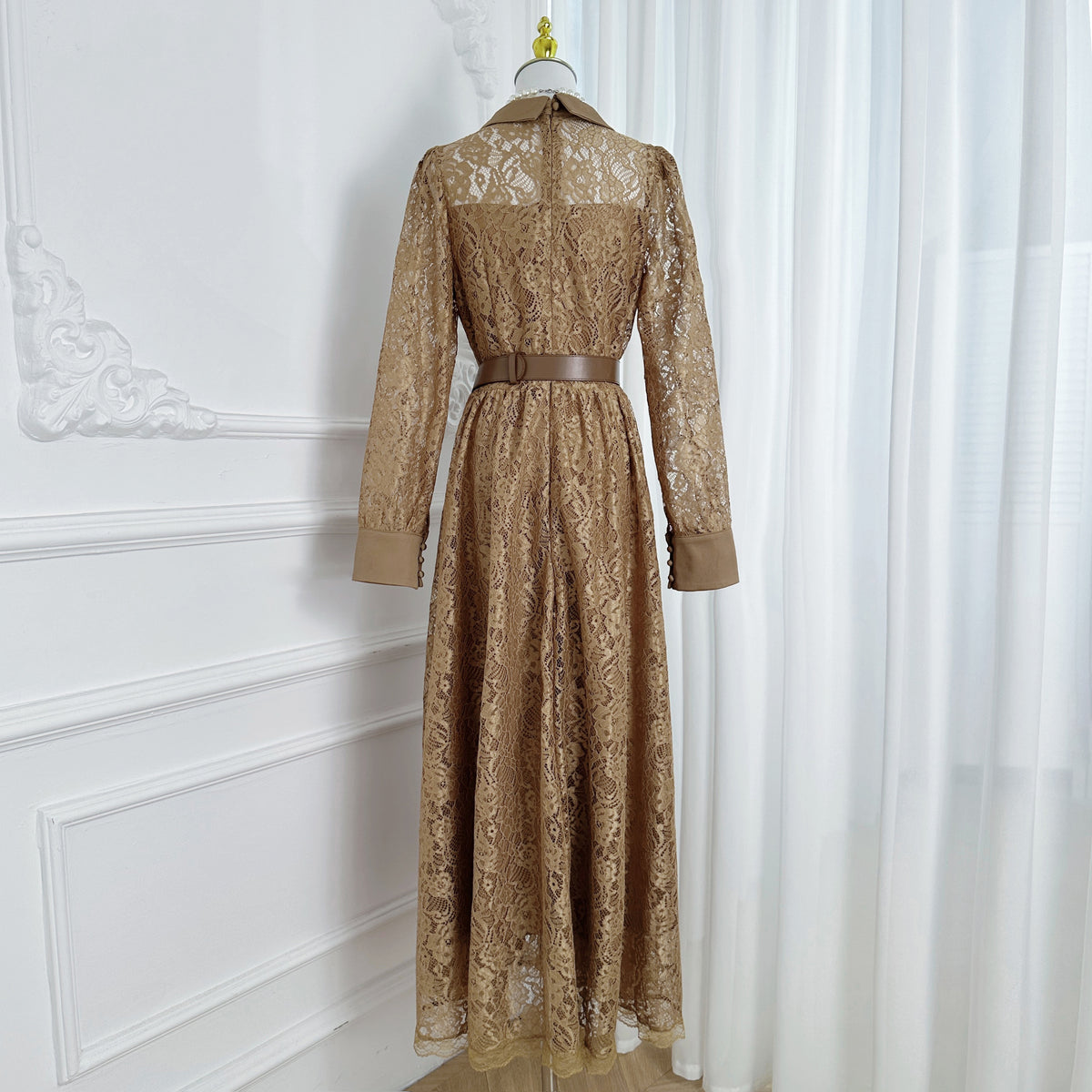 Lace & Chiffon Maxi Dress – Elegant Long Sleeve Dress with Crystal Belt