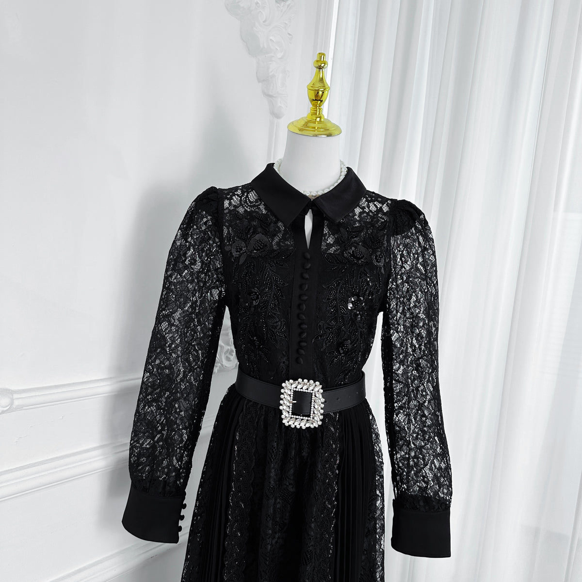 Lace & Chiffon Maxi Dress – Elegant Long Sleeve Dress with Crystal Belt