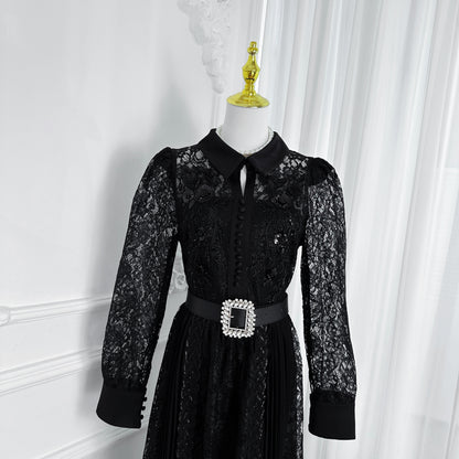 Lace & Chiffon Maxi Dress – Elegant Long Sleeve Dress with Crystal Belt