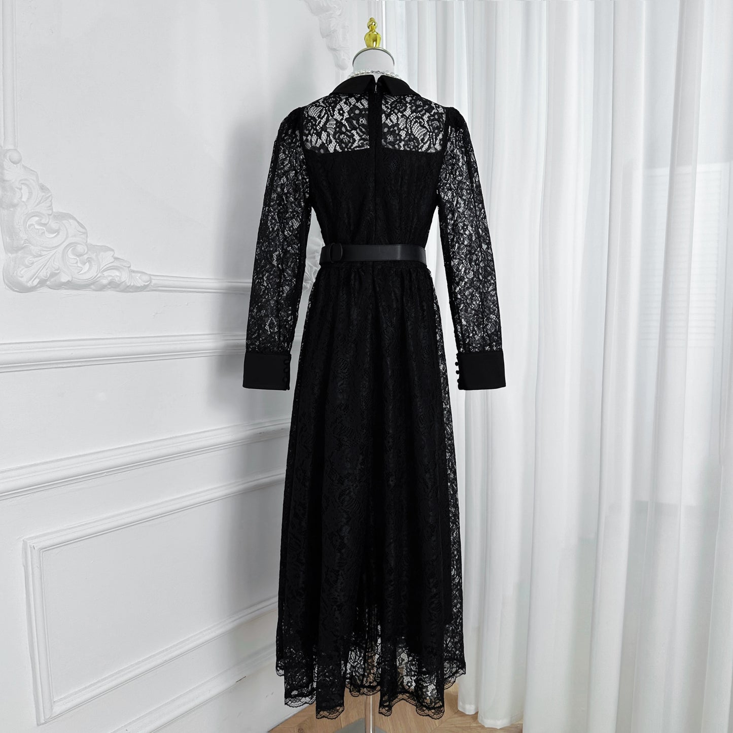 Lace & Chiffon Maxi Dress – Elegant Long Sleeve Dress with Crystal Belt