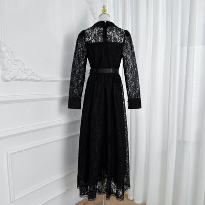 Lace & Chiffon Maxi Dress – Elegant Long Sleeve Dress with Crystal Belt