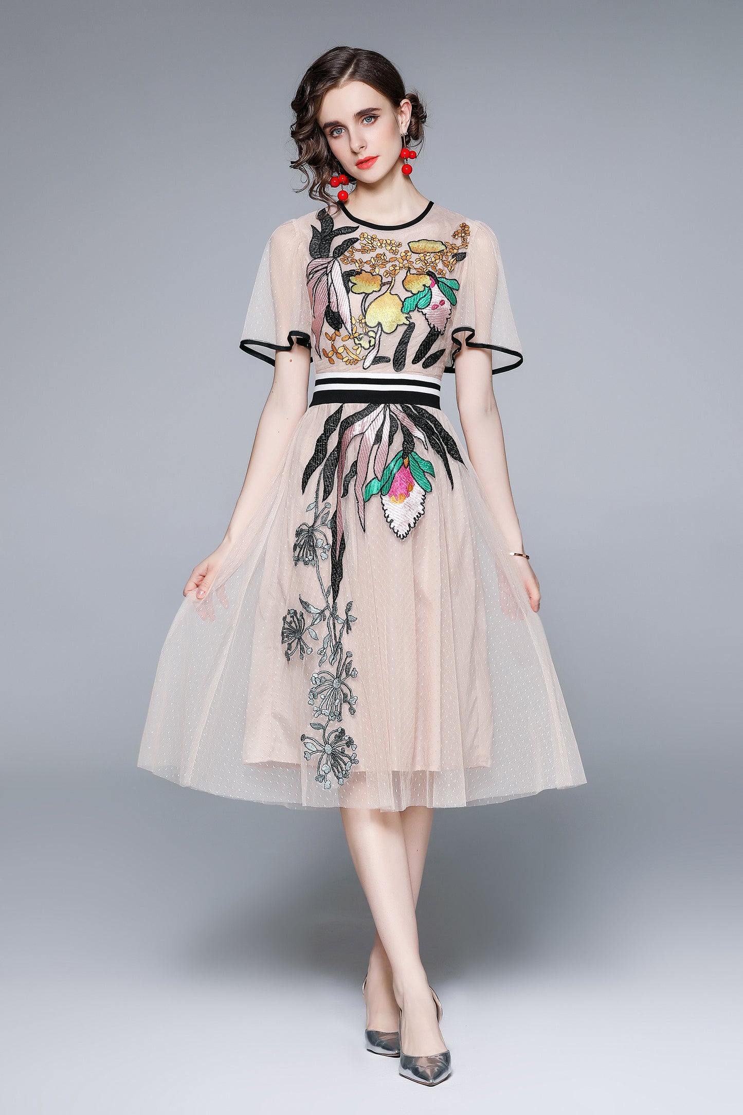 Vintage Elegant Mesh Embroidered Midi Dress