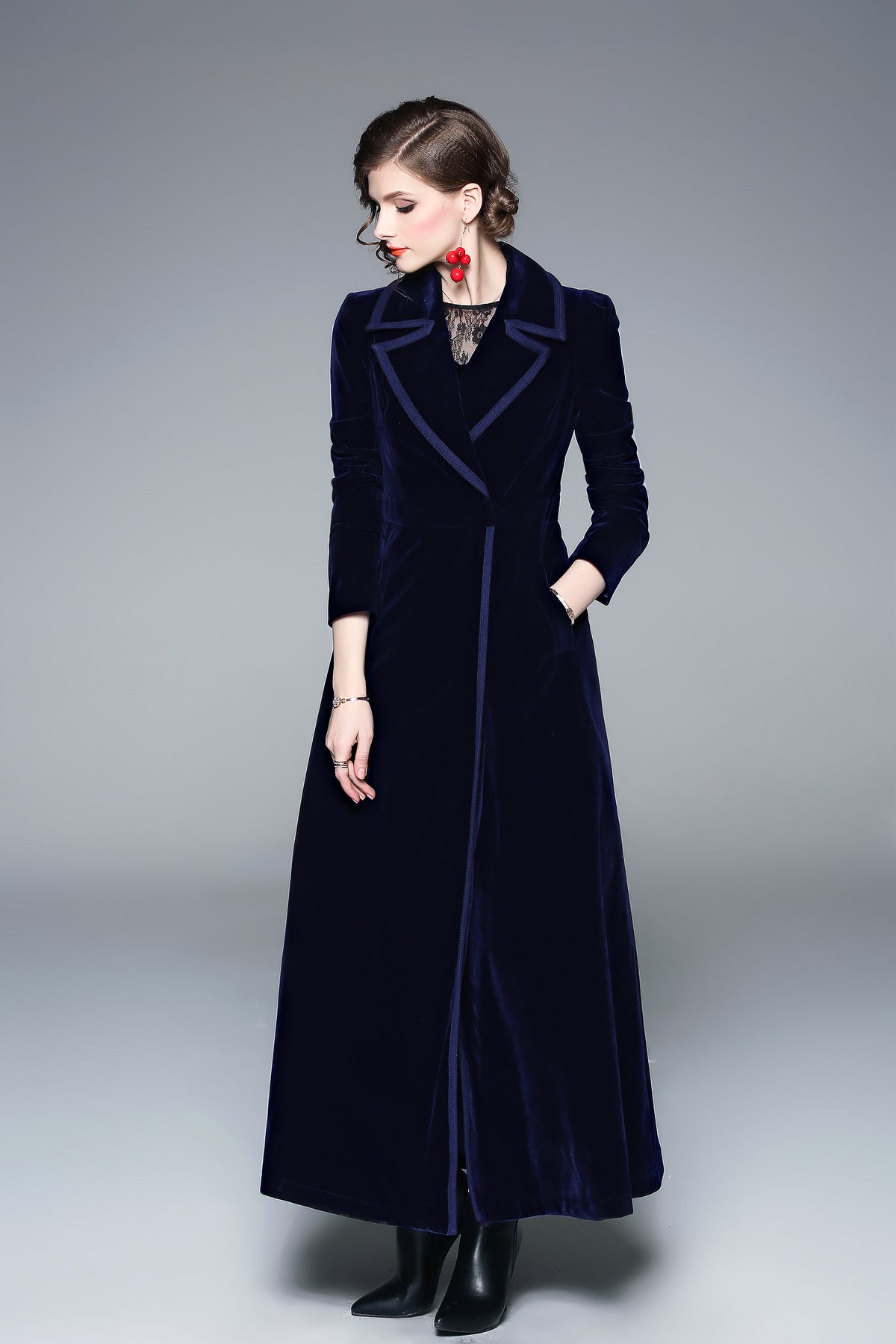 Women’s Long Velvet Coat – Burgundy & Navy | Elegant Fall & Winter Outerwear