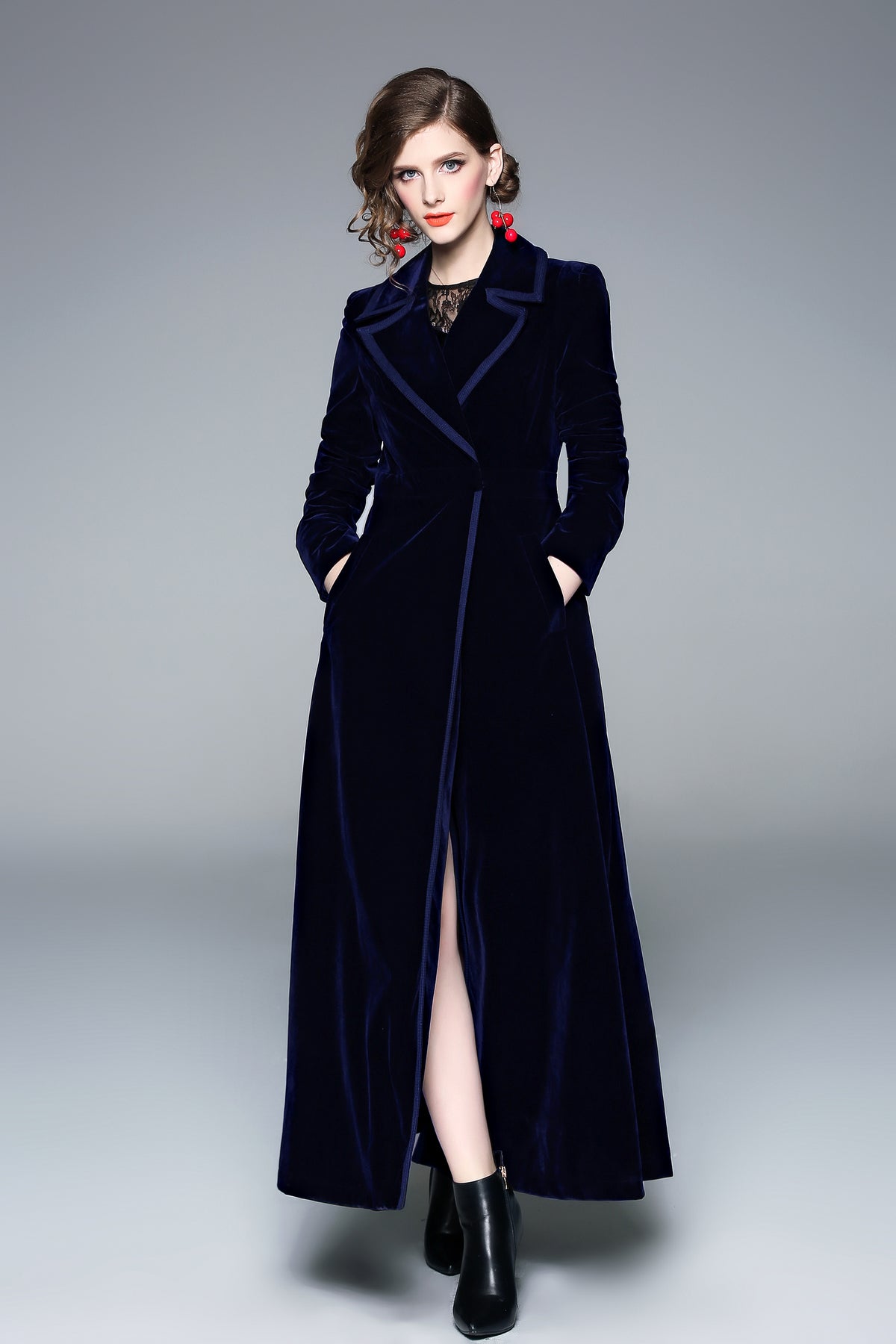 Women’s Long Velvet Coat – Burgundy & Navy | Elegant Fall & Winter Outerwear