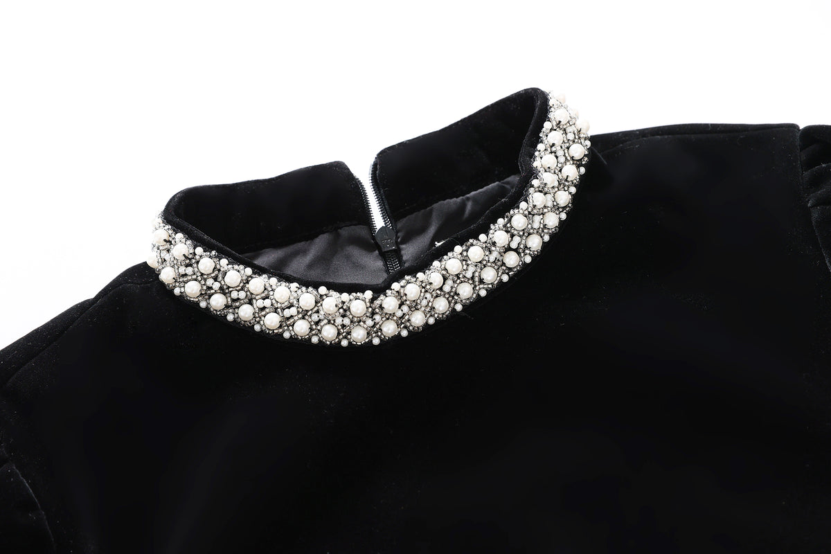 28698 Black Velvet Pearl Collar Dress – A Statement in Color