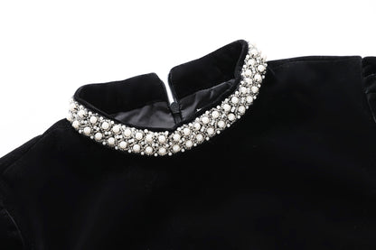 28698 Black Velvet Pearl Collar Dress – A Statement in Color