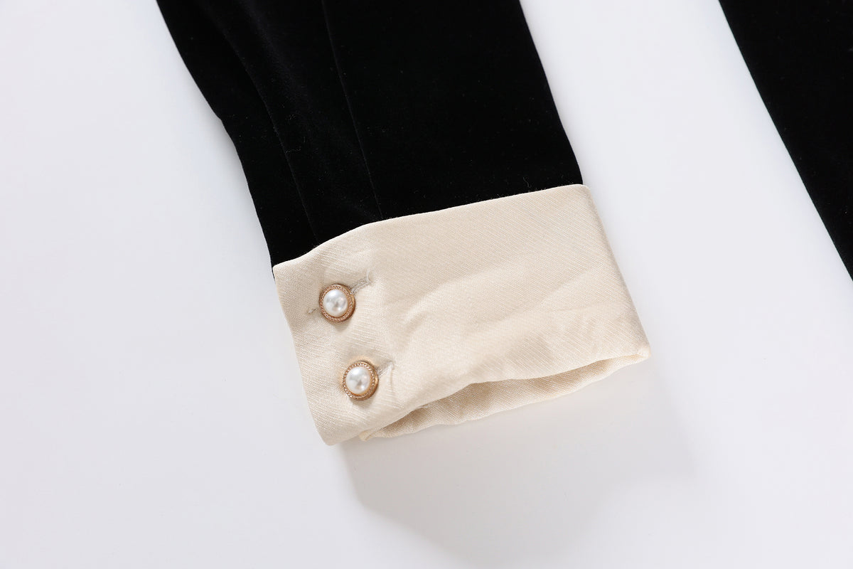 28698 Black Velvet Pearl Collar Dress – A Statement in Color