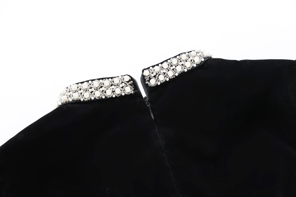 28698 Black Velvet Pearl Collar Dress – A Statement in Color