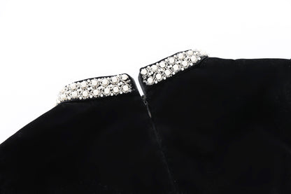 28698 Black Velvet Pearl Collar Dress – A Statement in Color