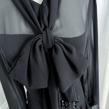Elegant Chiffon Maxi Dress with Scarf Neck & Rhinestone Fringe