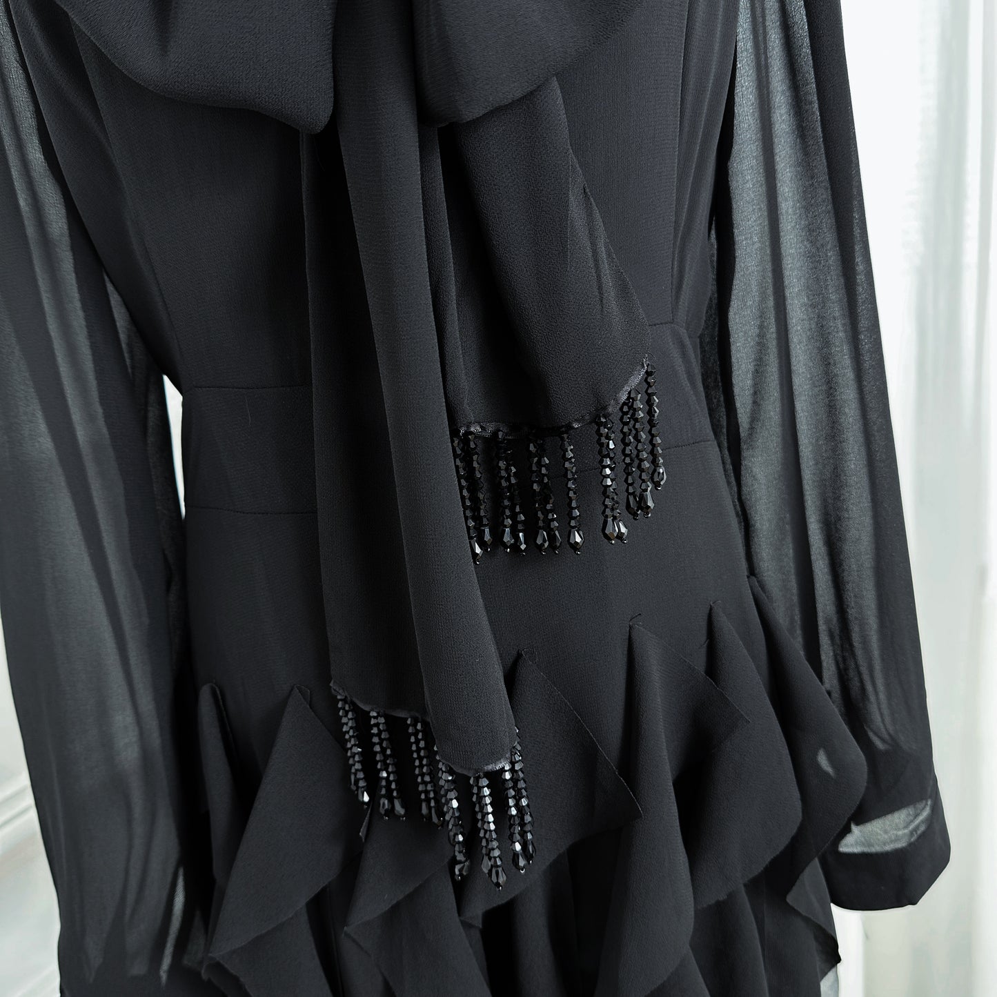 Elegant Chiffon Maxi Dress with Scarf Neck & Rhinestone Fringe