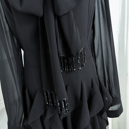 Elegant Chiffon Maxi Dress with Scarf Neck & Rhinestone Fringe