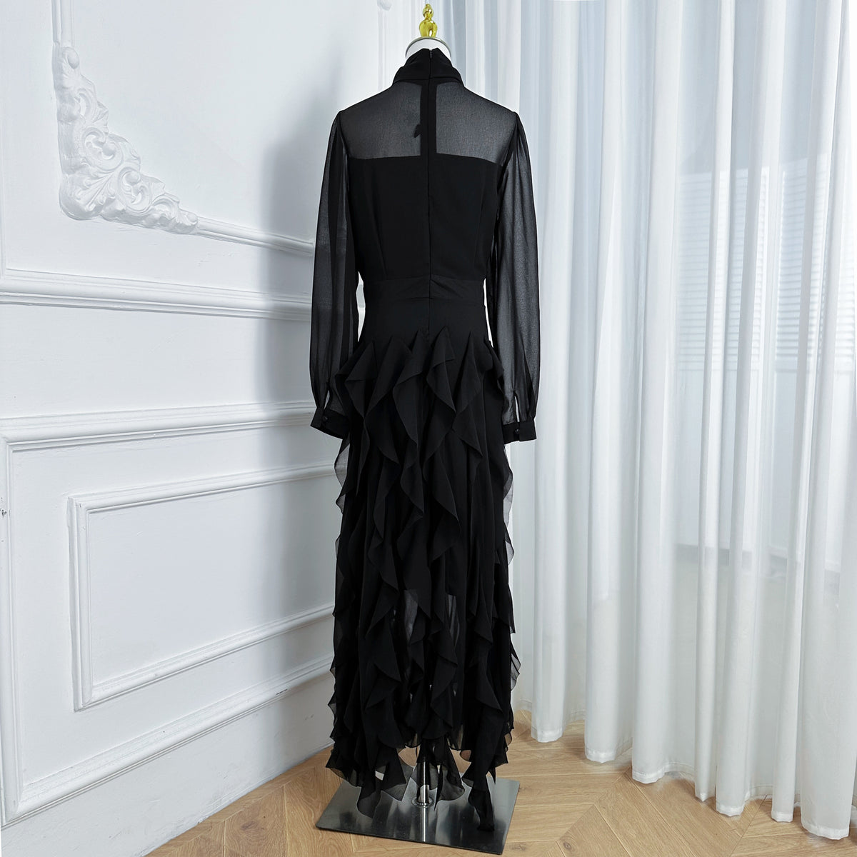 Elegant Chiffon Maxi Dress with Scarf Neck & Rhinestone Fringe