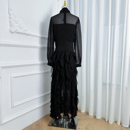 Elegant Chiffon Maxi Dress with Scarf Neck & Rhinestone Fringe