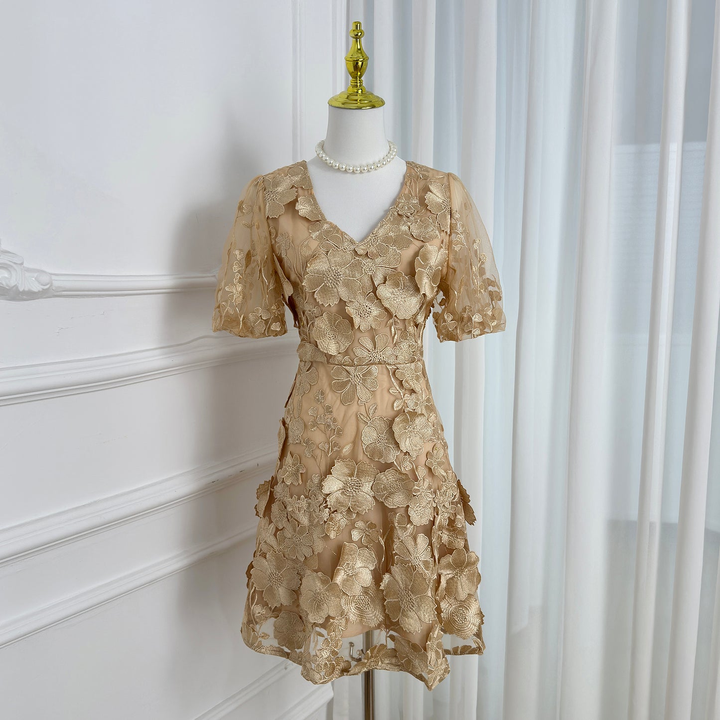 Light Khaki Floral Embroidered Mini Dress in Quiet Luxury Style - LAI MENG FIVE CATS