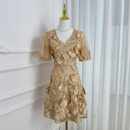 Light Khaki Floral Embroidered Mini Dress in Quiet Luxury Style - LAI MENG FIVE CATS