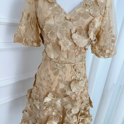 Light Khaki Floral Embroidered Mini Dress in Quiet Luxury Style - LAI MENG FIVE CATS