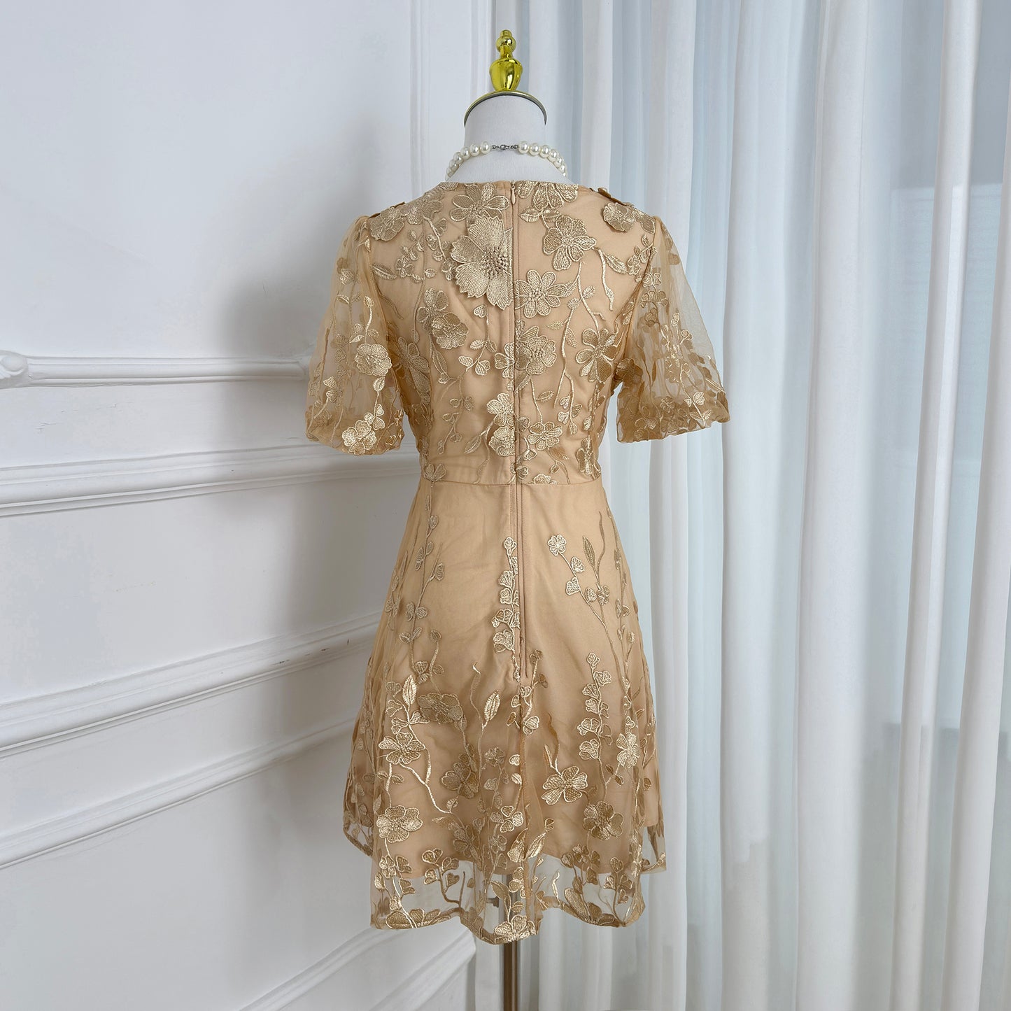 Light Khaki Floral Embroidered Mini Dress in Quiet Luxury Style  LAI MENG  FIVE CATS