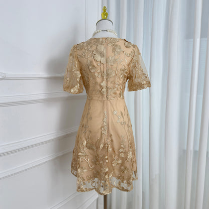 Light Khaki Floral Embroidered Mini Dress in Quiet Luxury Style - LAI MENG FIVE CATS