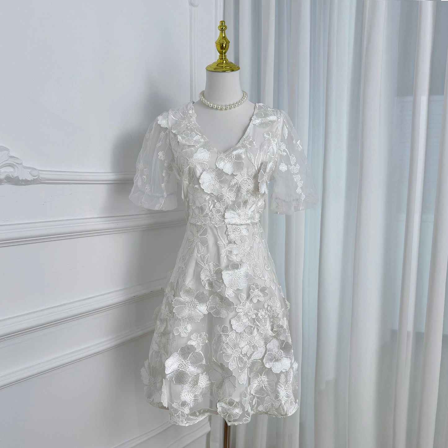 White 3D Floral Embroidered Mesh Mini Dress for Bridal Showers & Special Occasions