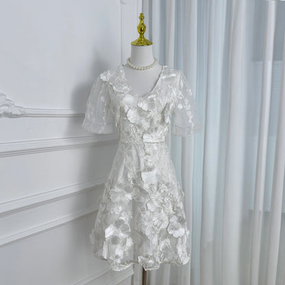 White 3D Floral Embroidered Mesh Mini Dress for Bridal Showers & Special Occasions