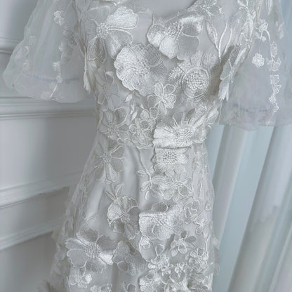 White 3D Floral Embroidered Mesh Mini Dress for Bridal Showers & Special Occasions