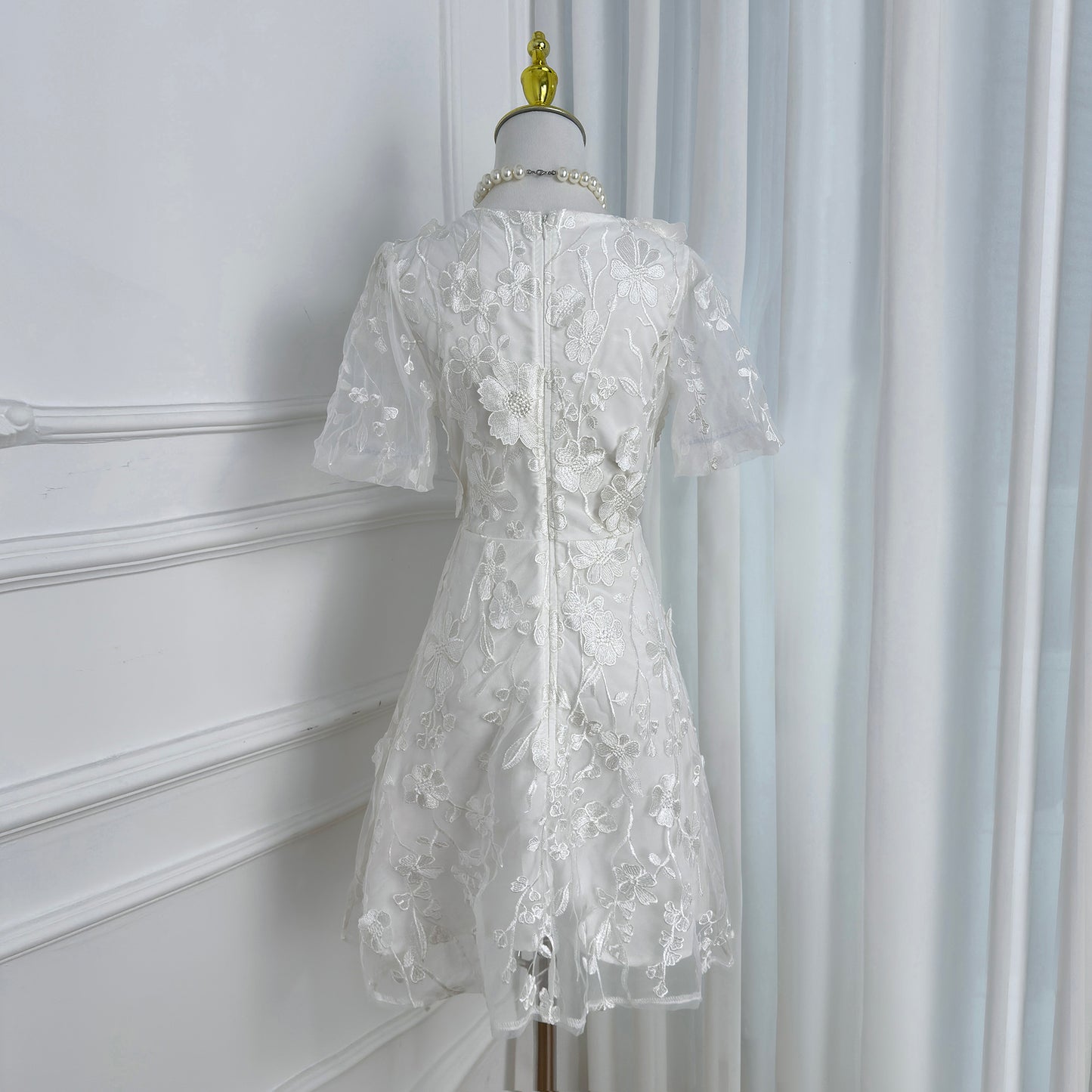 White 3D Floral Embroidered Mesh Mini Dress for Bridal Showers & Special Occasions