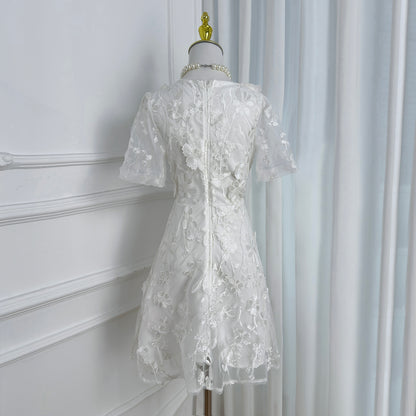 White 3D Floral Embroidered Mesh Mini Dress for Bridal Showers & Special Occasions