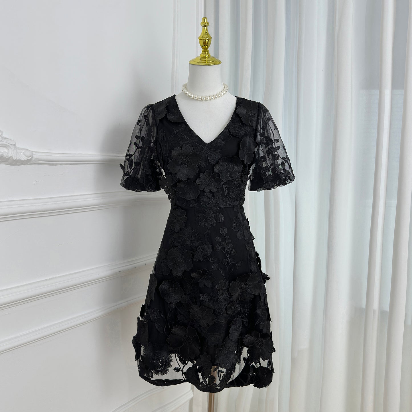 Black 3D Floral Embroidered Cocktail Mini Dress - LAI MENG FIVE CATS