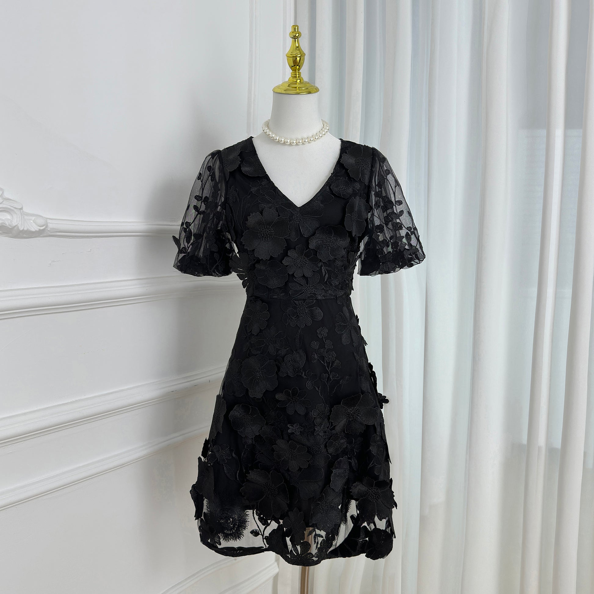 Black 3D Floral Embroidered Cocktail Mini Dress - LAI MENG FIVE CATS