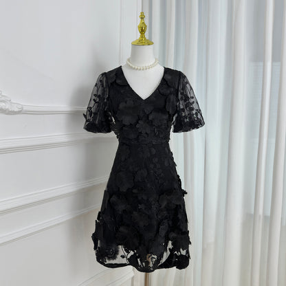 Black 3D Floral Embroidered Cocktail Mini Dress - LAI MENG FIVE CATS