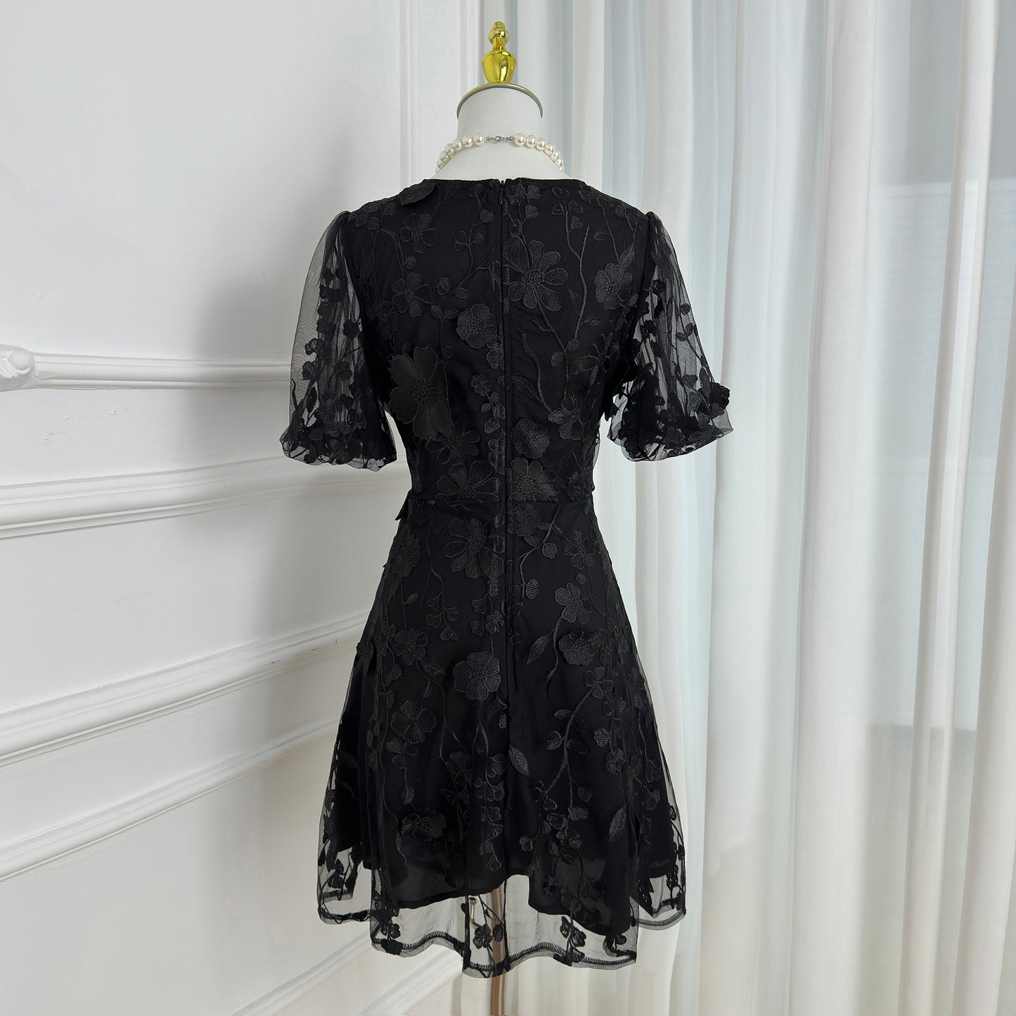 Black 3D Floral Embroidered Cocktail Mini Dress - LAI MENG FIVE CATS