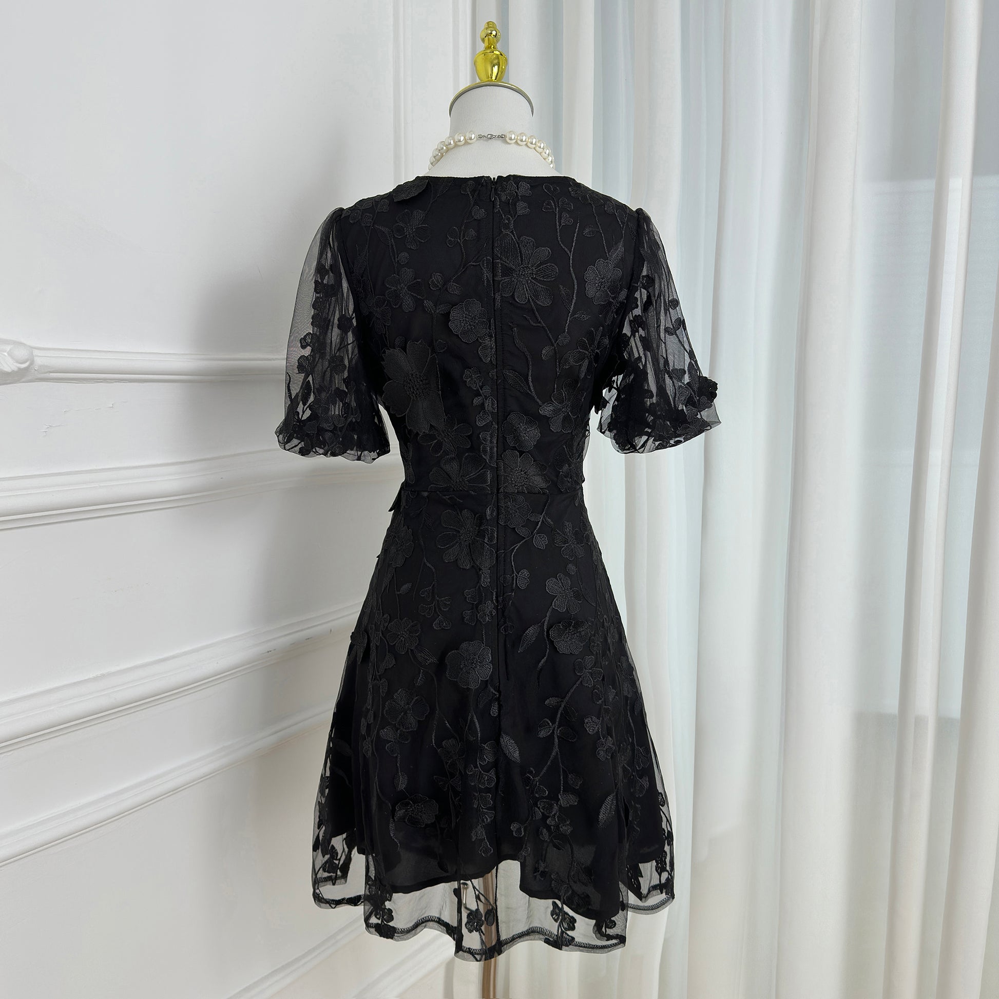 Black 3D Floral Embroidered Cocktail Mini Dress - LAI MENG FIVE CATS