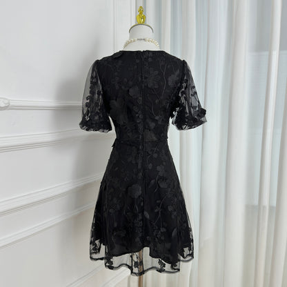 Black 3D Floral Embroidered Cocktail Mini Dress - LAI MENG FIVE CATS