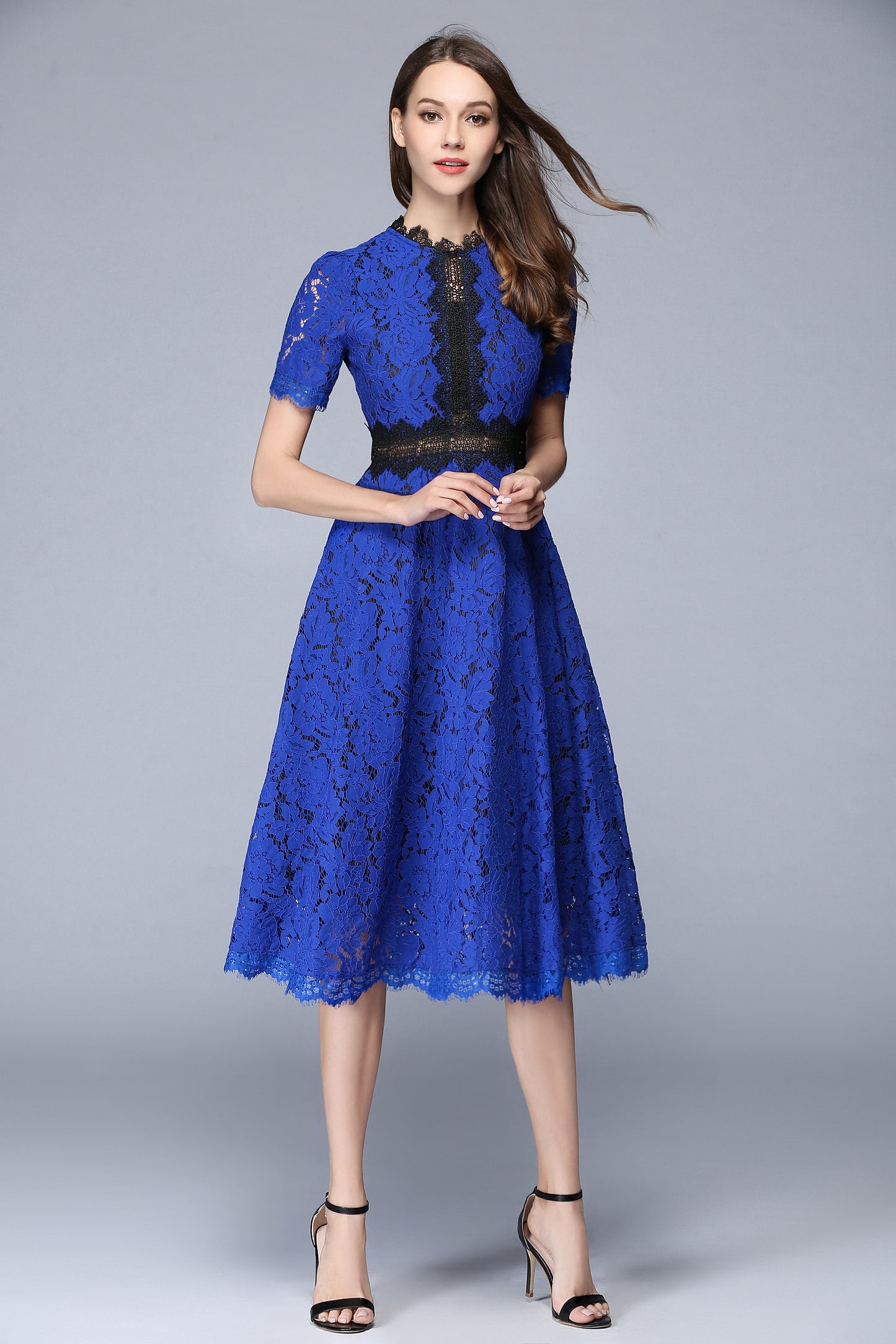 Women's Short Sleeve Floral Lace Cocktail Party Midi Dress