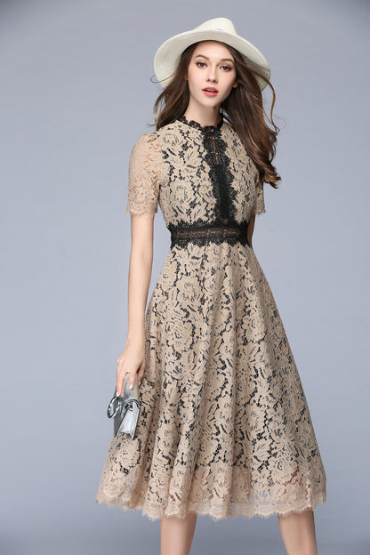 Women's Short Sleeve Floral Lace Cocktail Party Midi Dress