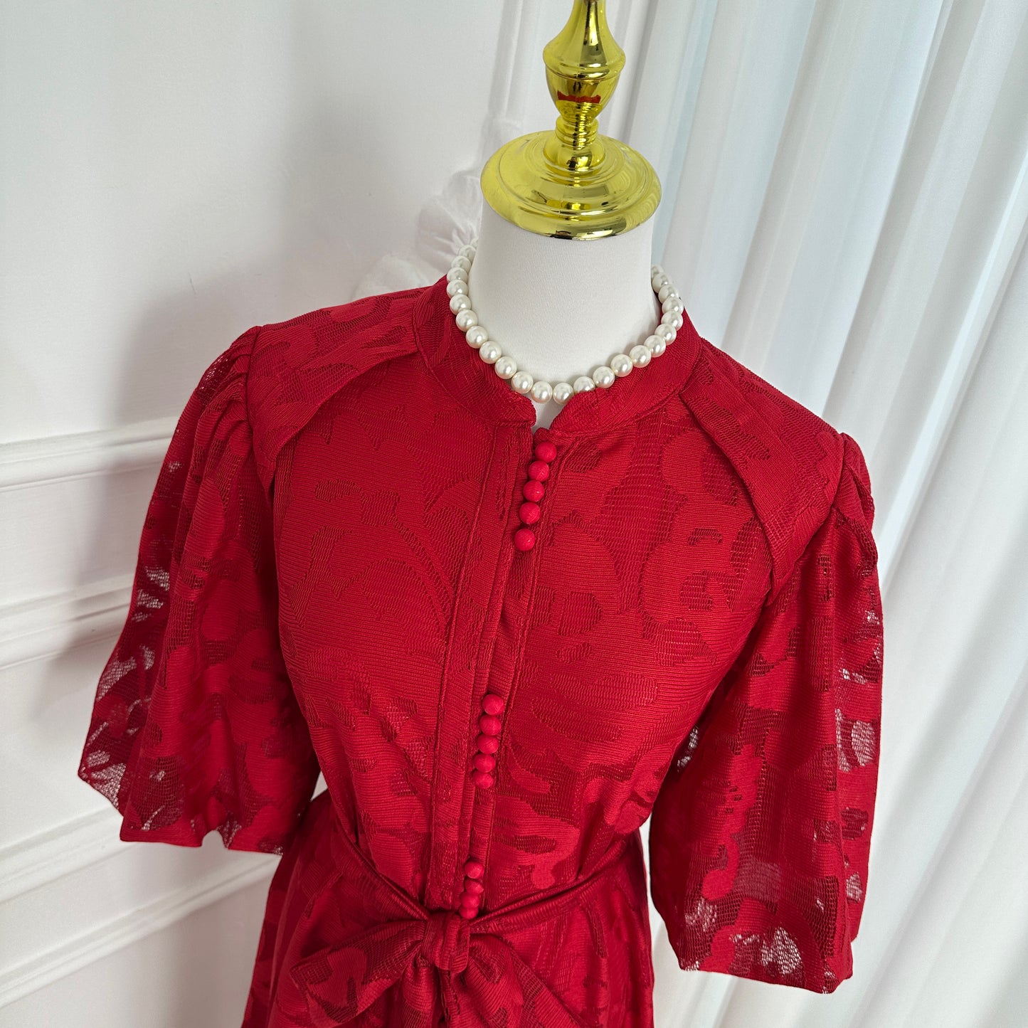 Red Lace Button Front Midi Dress | Elegant Summer Occasion Dress