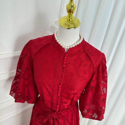Red Lace Button Front Midi Dress | Elegant Summer Occasion Dress